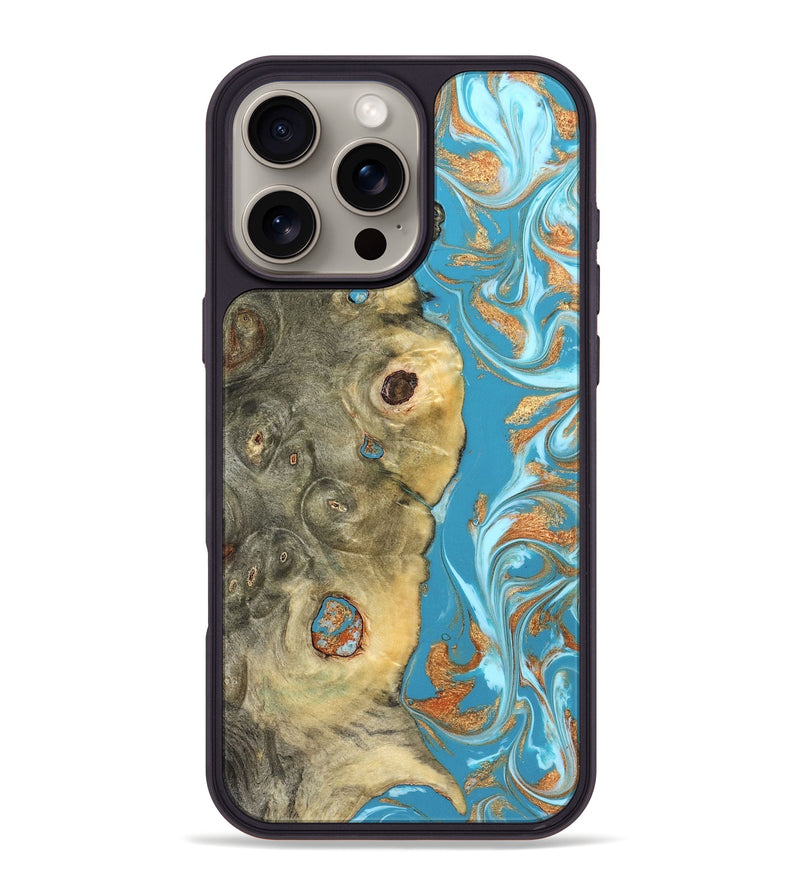 iPhone 16 Pro Max Wood Phone Case - Kahlani (Teal & Gold, 822323)