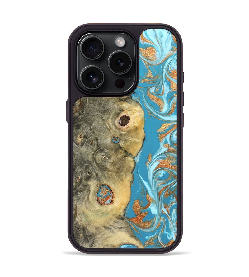 iPhone 16 Pro Wood Phone Case - Kahlani (Teal & Gold, 822323)
