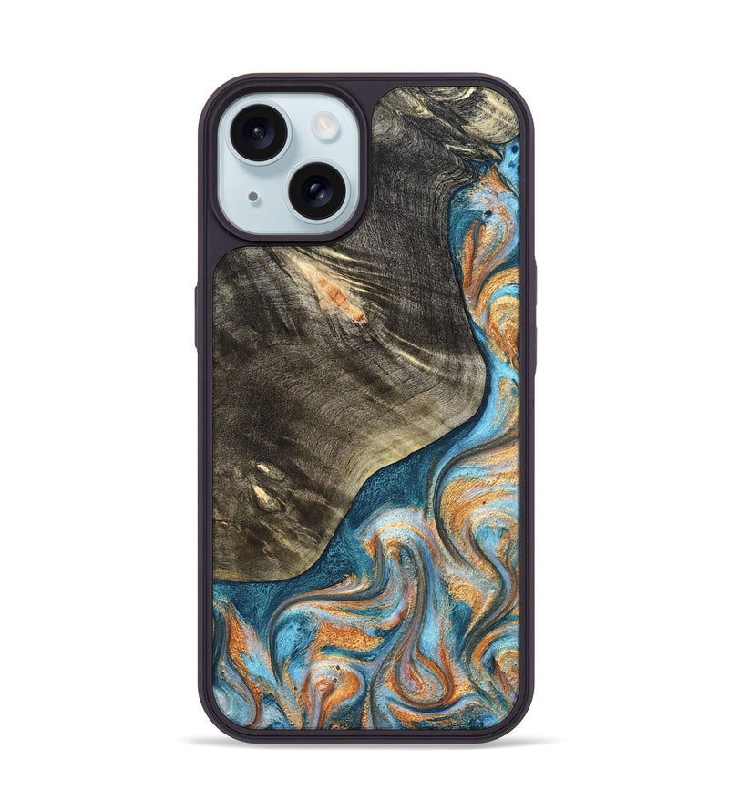 iPhone 15 Wood Phone Case - January (Teal & Gold, 822452)