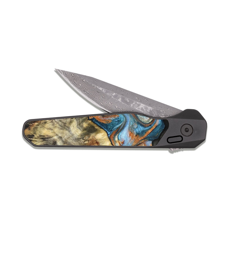 EDC Dark Damascus Wood Pocket Knife - Westley (Teal & Gold, 822633)
