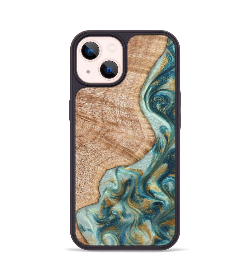 iPhone 14 Wood Phone Case - Clemmie (Teal & Gold, 822646)