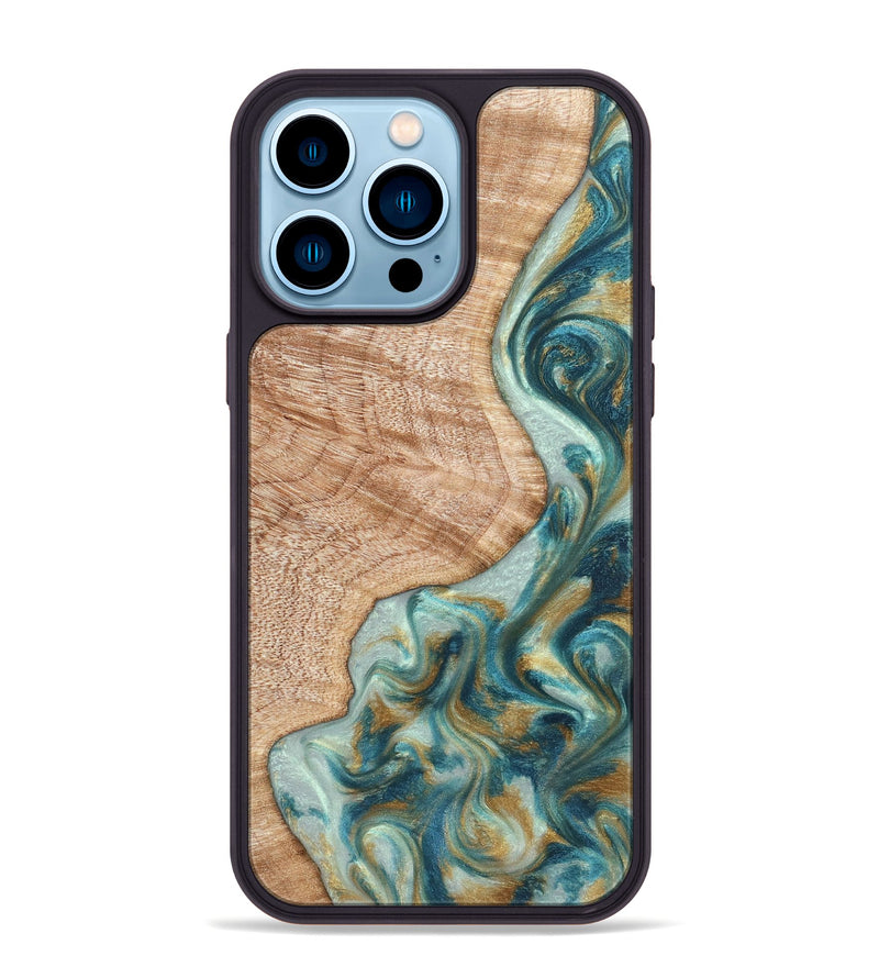 iPhone 14 Pro Max Wood Phone Case - Clemmie (Teal & Gold, 822646)