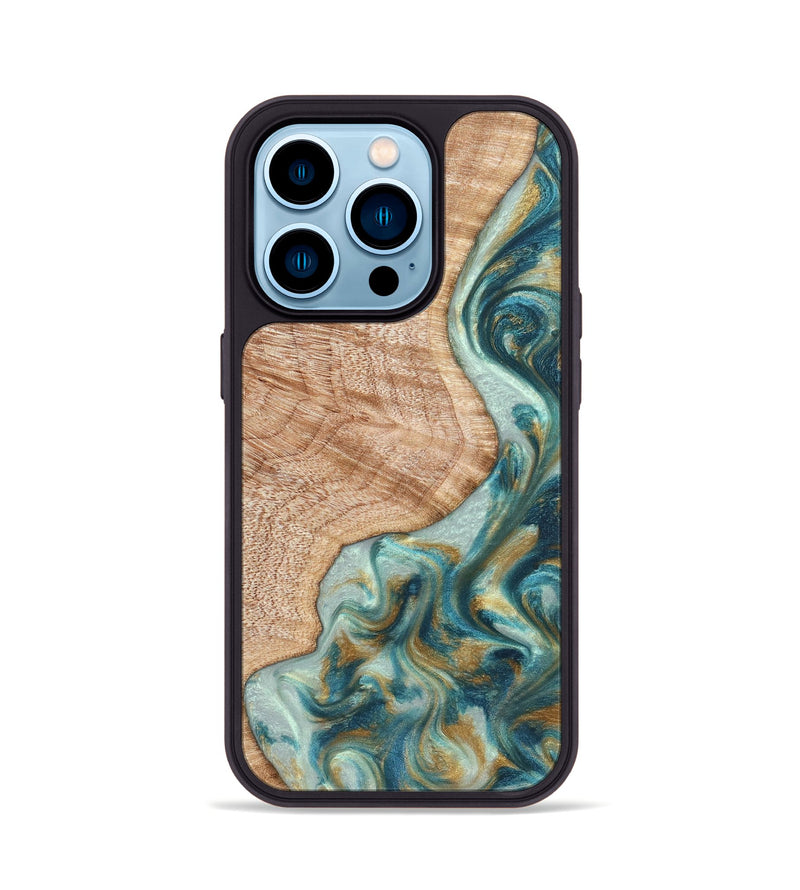 iPhone 14 Pro Wood Phone Case - Clemmie (Teal & Gold, 822646)