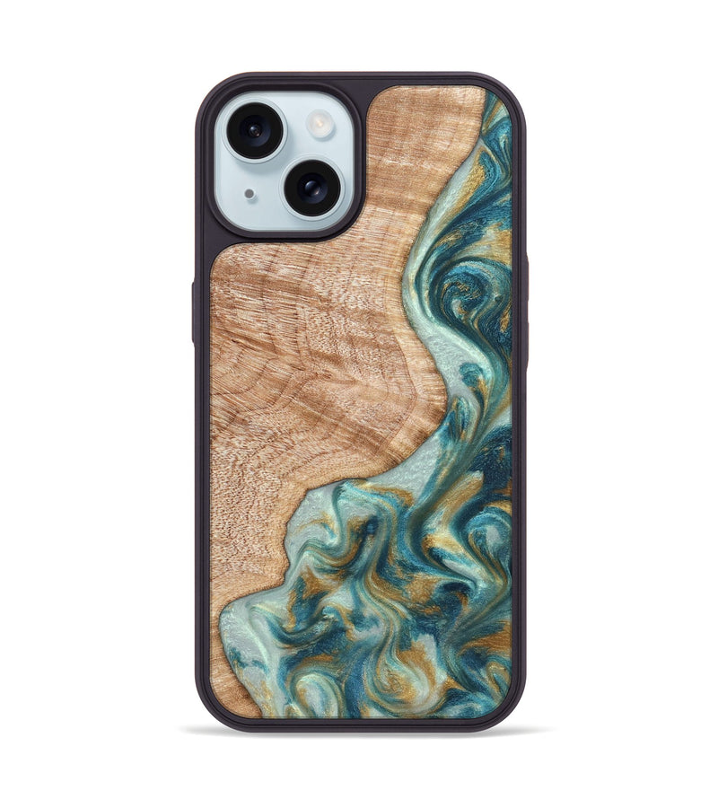 iPhone 15 Wood Phone Case - Clemmie (Teal & Gold, 822646)