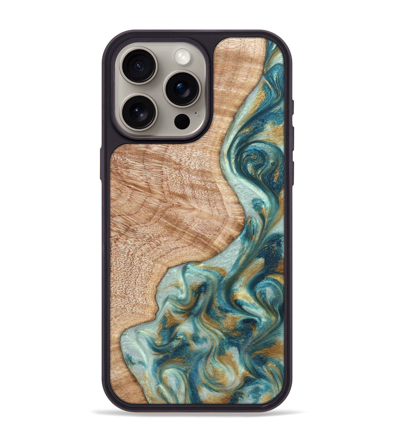 iPhone 15 Pro Max Wood Phone Case - Clemmie (Teal & Gold, 822646)
