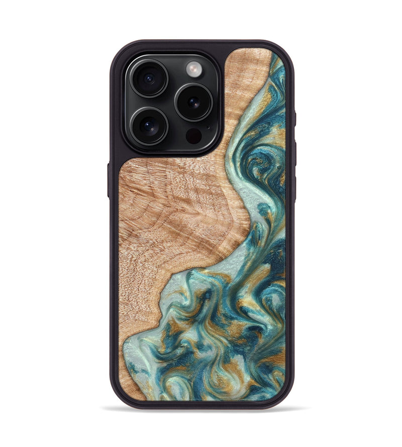 iPhone 15 Pro Wood Phone Case - Clemmie (Teal & Gold, 822646)