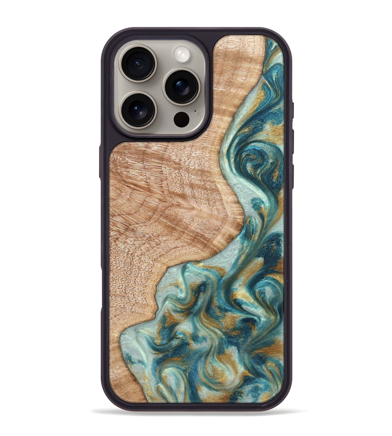 iPhone 16 Pro Max Wood Phone Case - Clemmie (Teal & Gold, 822646)