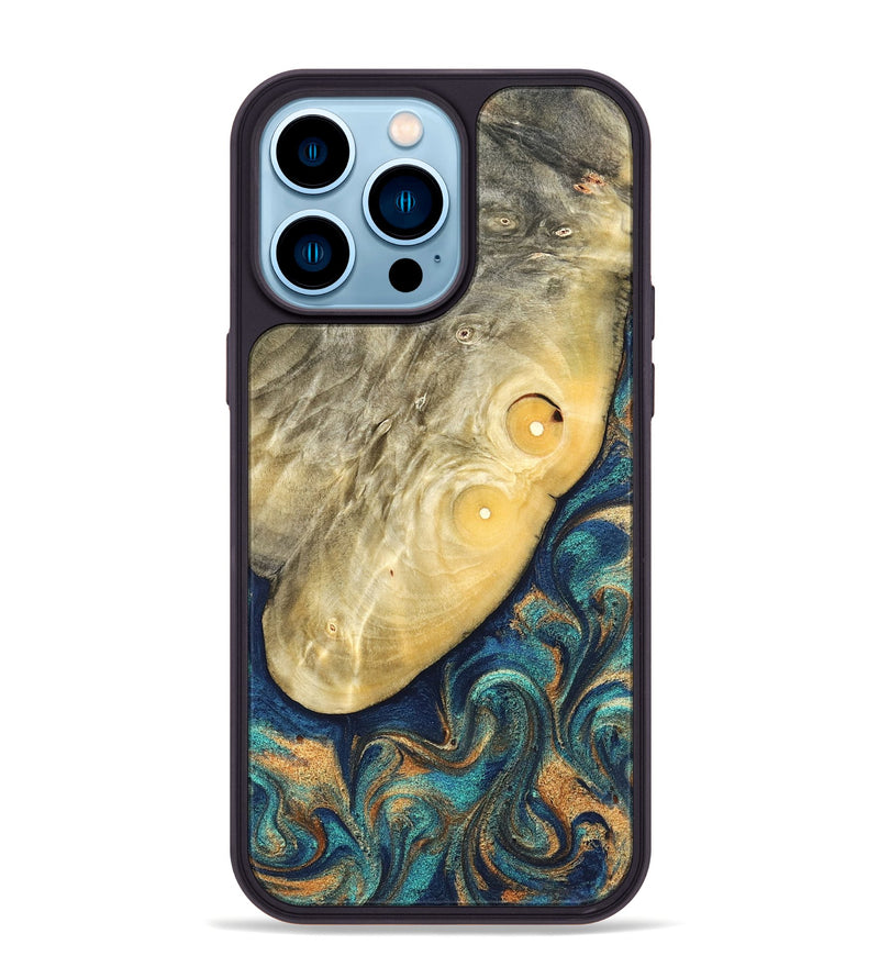 iPhone 14 Pro Max Wood Phone Case - Vaughn (Teal & Gold, 822649)