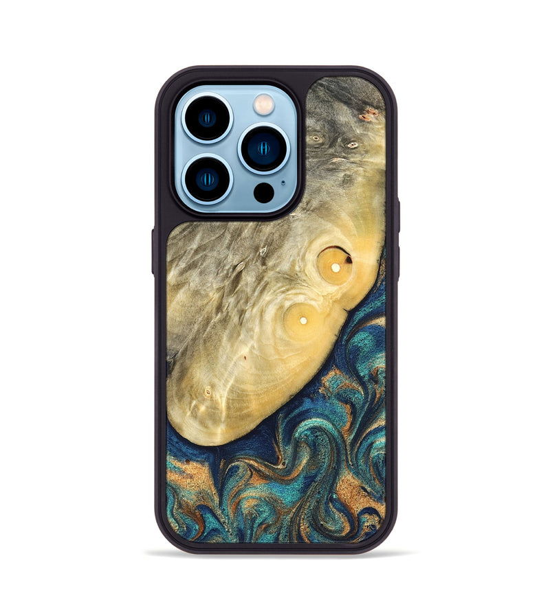 iPhone 14 Pro Wood Phone Case - Vaughn (Teal & Gold, 822649)