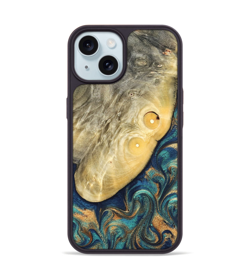 iPhone 15 Wood Phone Case - Vaughn (Teal & Gold, 822649)