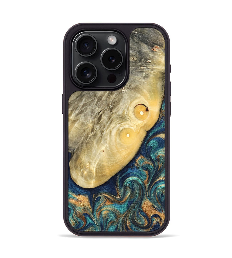 iPhone 15 Pro Wood Phone Case - Vaughn (Teal & Gold, 822649)