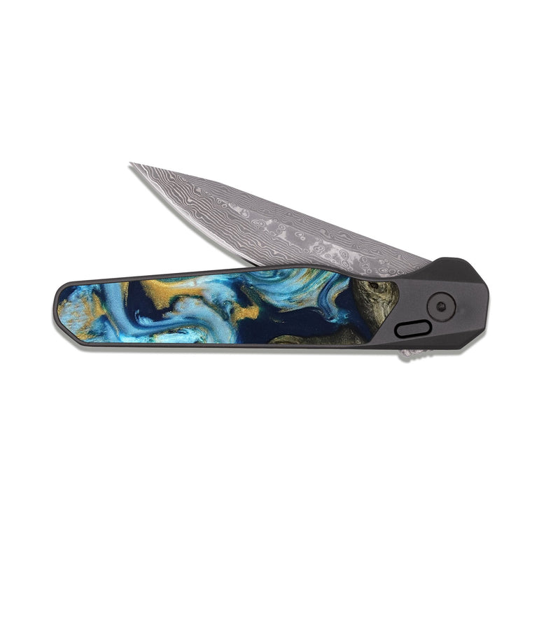 EDC Dark Damascus Wood Pocket Knife - Tabitha (Teal & Gold, 822650)