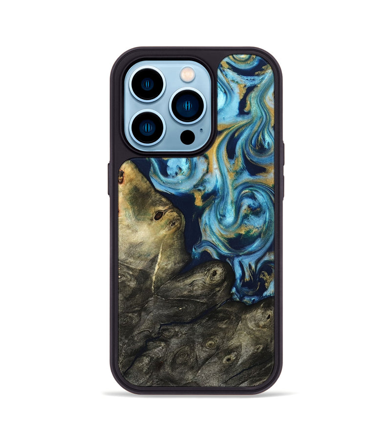 iPhone 14 Pro Wood Phone Case - Tabitha (Teal & Gold, 822650)