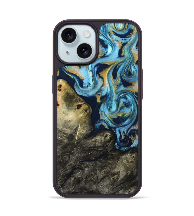 iPhone 15 Wood Phone Case - Tabitha (Teal & Gold, 822650)