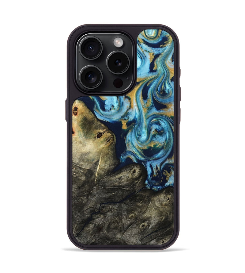 iPhone 15 Pro Wood Phone Case - Tabitha (Teal & Gold, 822650)