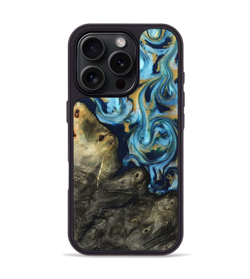 iPhone 16 Pro Wood Phone Case - Tabitha (Teal & Gold, 822650)