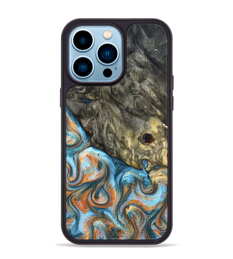 iPhone 14 Pro Max Wood Phone Case - Dian (Teal & Gold, 822653)