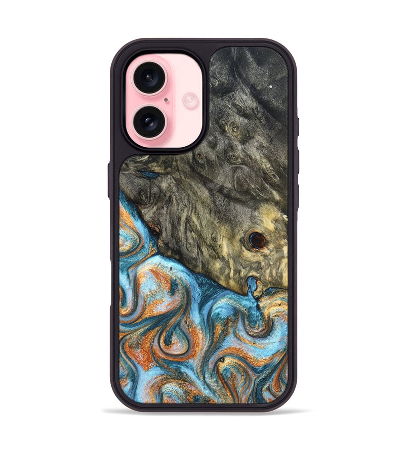 iPhone 16 Wood Phone Case - Dian (Teal & Gold, 822653)