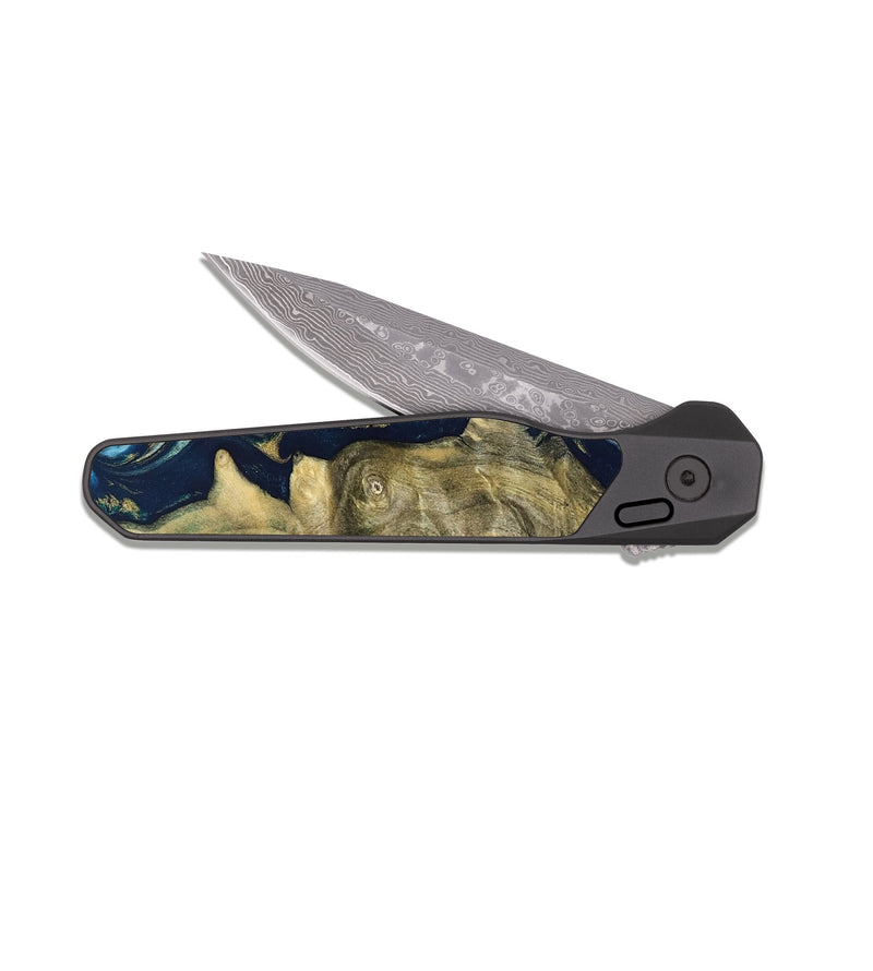EDC Dark Damascus Wood Pocket Knife - Teri (Teal & Gold, 822655)