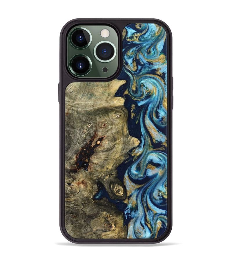 iPhone 13 Pro Max Wood Phone Case - Teri (Teal & Gold, 822655)