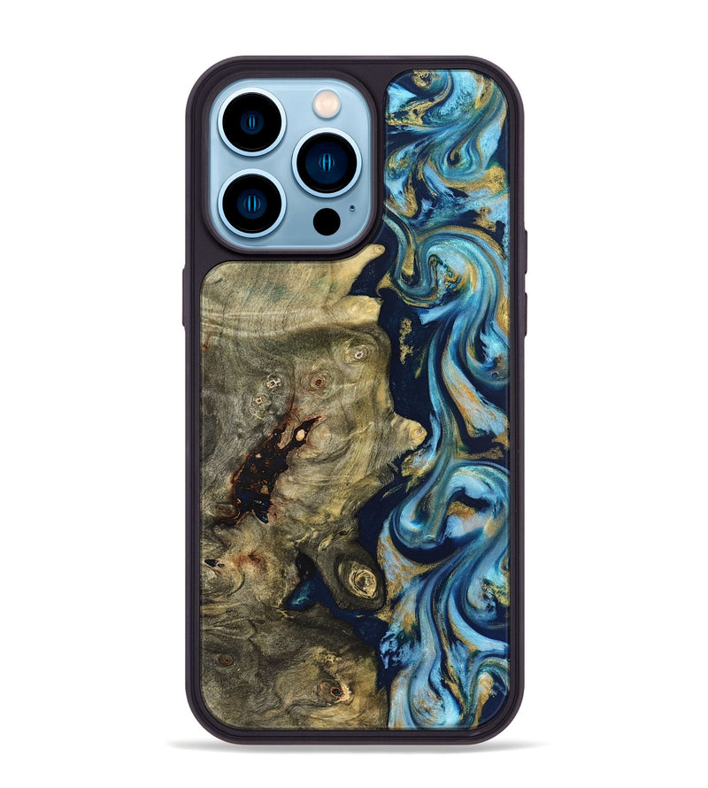 iPhone 14 Pro Max Wood Phone Case - Teri (Teal & Gold, 822655)