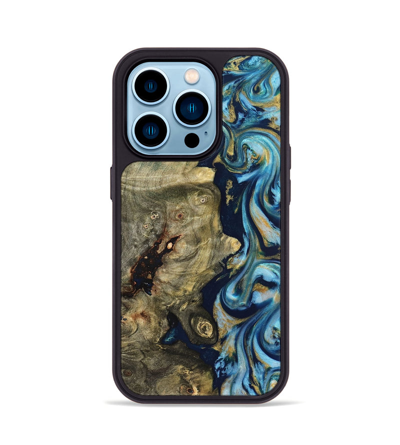 iPhone 14 Pro Wood Phone Case - Teri (Teal & Gold, 822655)
