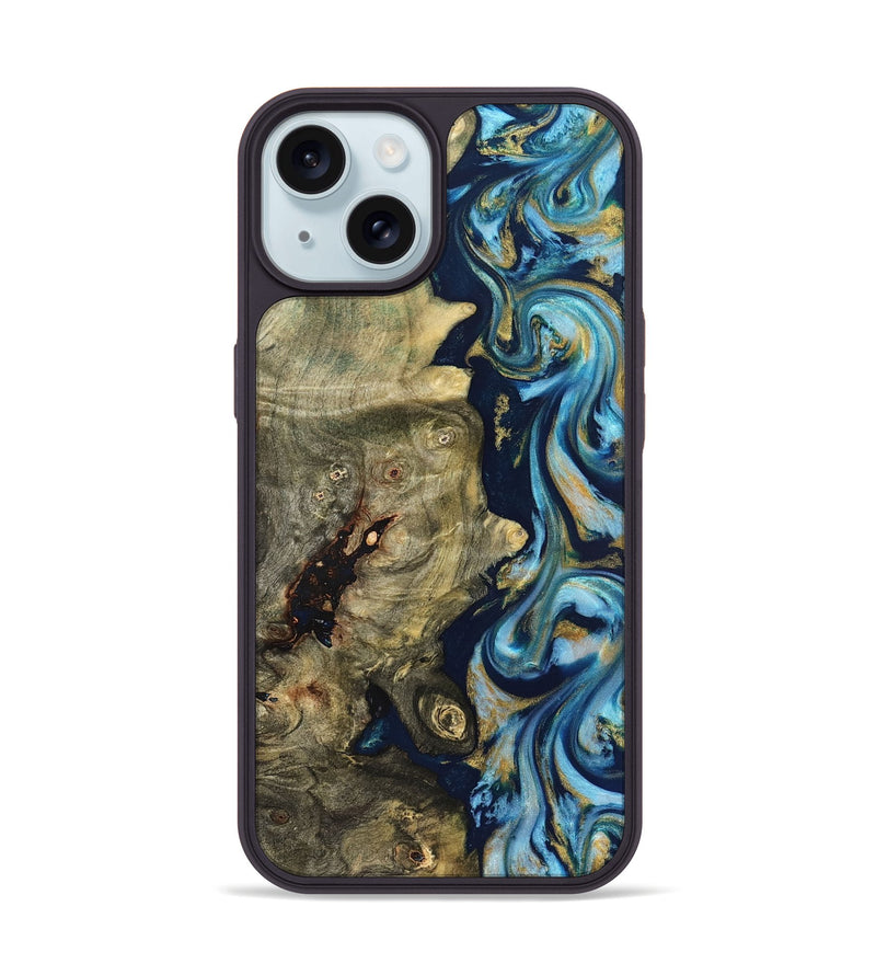 iPhone 15 Wood Phone Case - Teri (Teal & Gold, 822655)