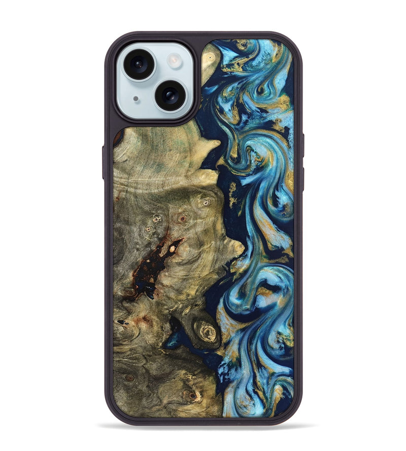 iPhone 15 Plus Wood Phone Case - Teri (Teal & Gold, 822655)