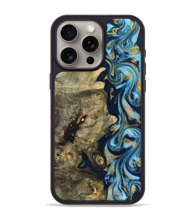 iPhone 15 Pro Max Wood Phone Case - Teri (Teal & Gold, 822655)