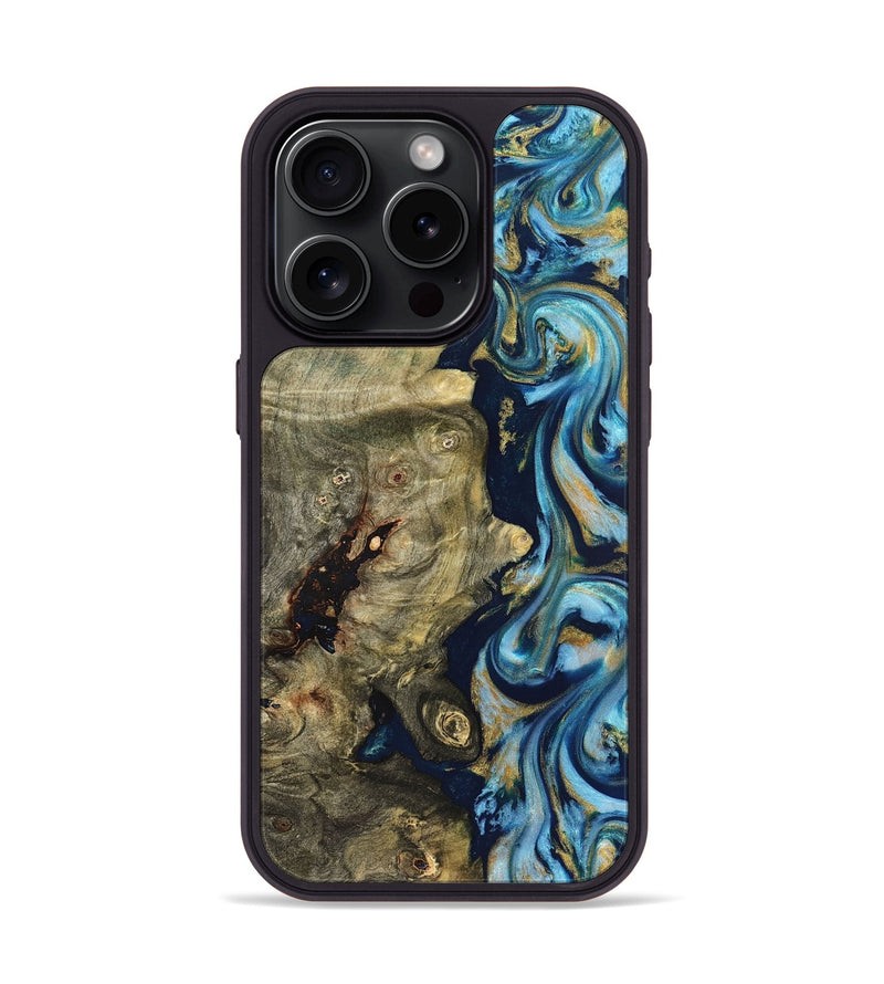 iPhone 15 Pro Wood Phone Case - Teri (Teal & Gold, 822655)