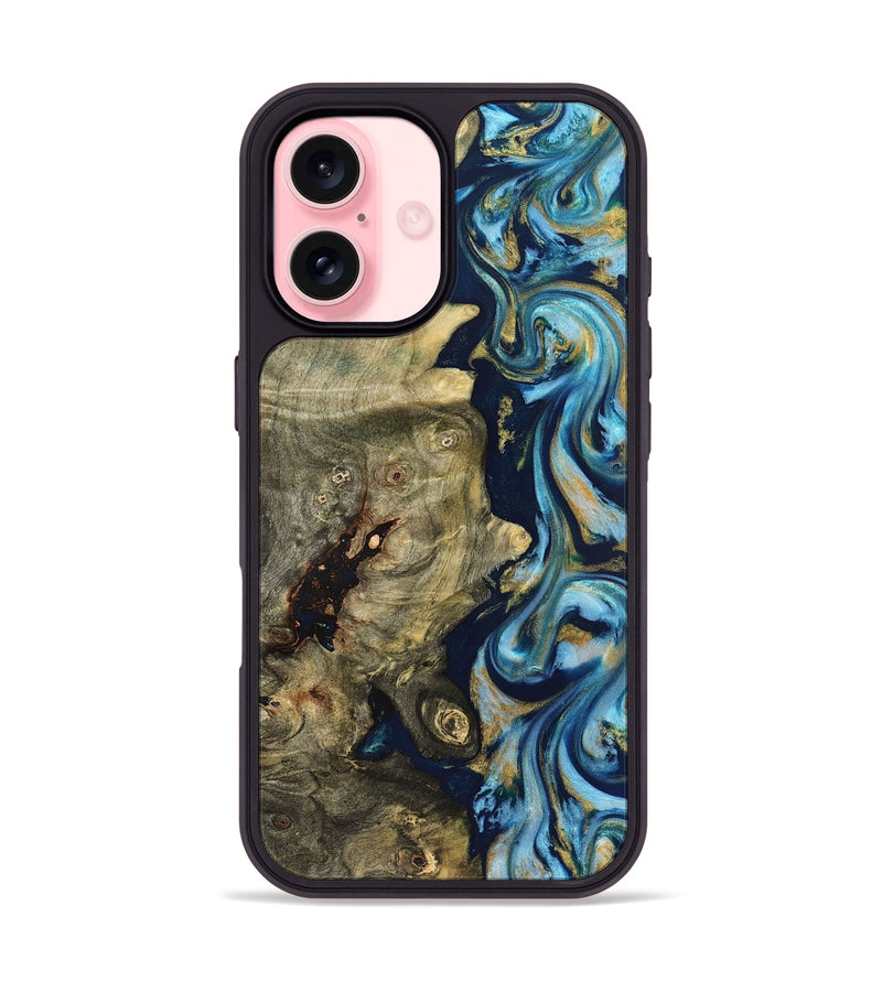 iPhone 16 Wood Phone Case - Teri (Teal & Gold, 822655)
