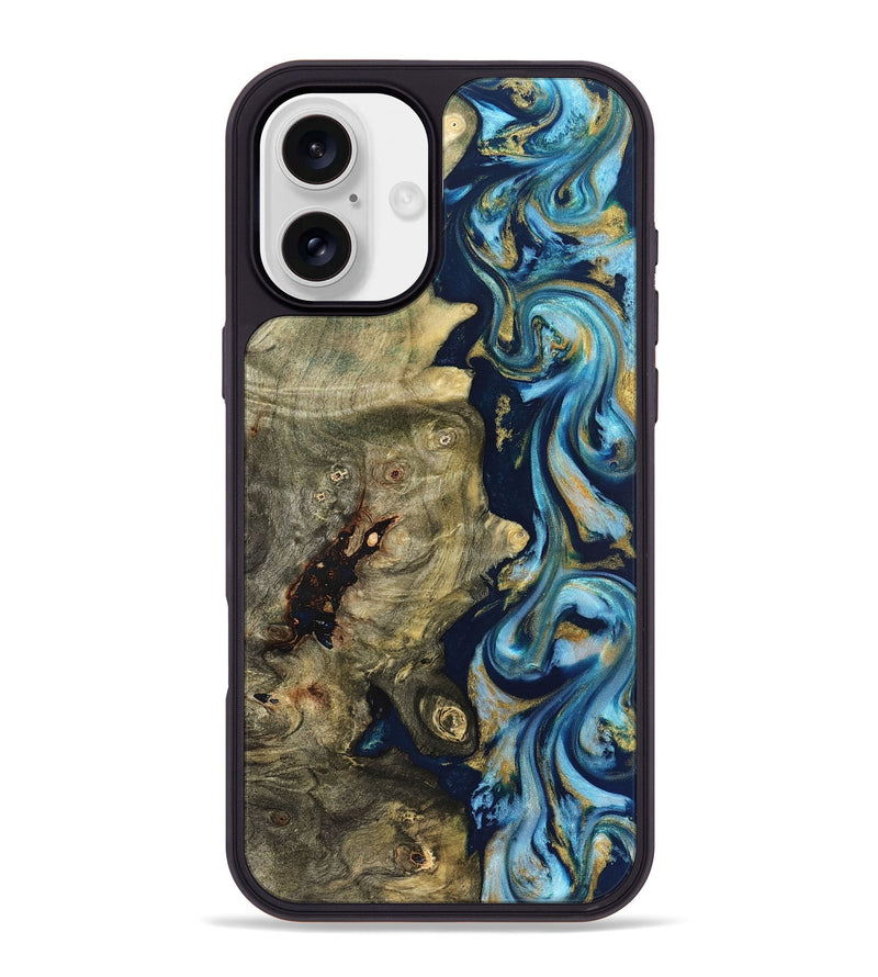 iPhone 16 Plus Wood Phone Case - Teri (Teal & Gold, 822655)