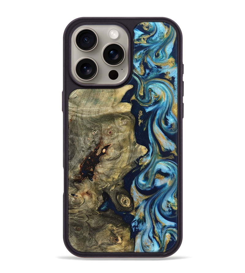 iPhone 16 Pro Max Wood Phone Case - Teri (Teal & Gold, 822655)