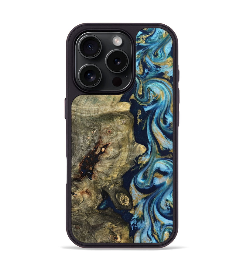 iPhone 16 Pro Wood Phone Case - Teri (Teal & Gold, 822655)