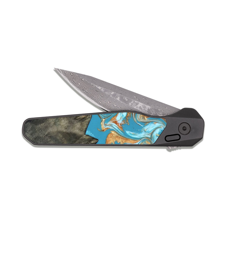 EDC Dark Damascus Wood Pocket Knife - Ethan (Teal & Gold, 822707)