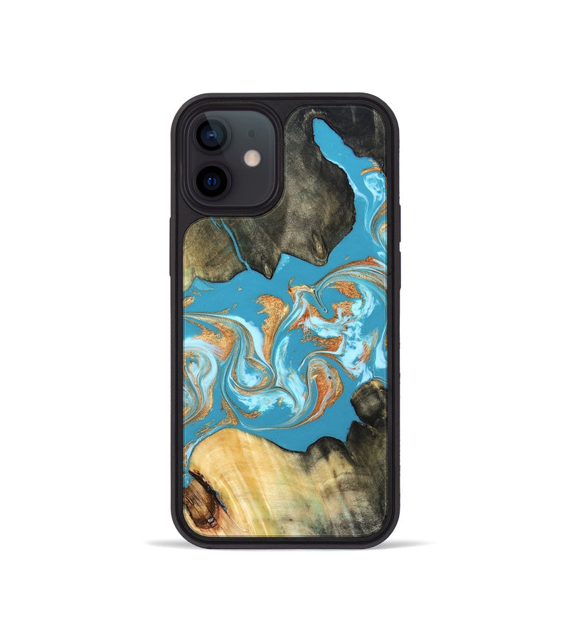 iPhone 12 mini Wood Phone Case - Ethan (Teal & Gold, 822707)