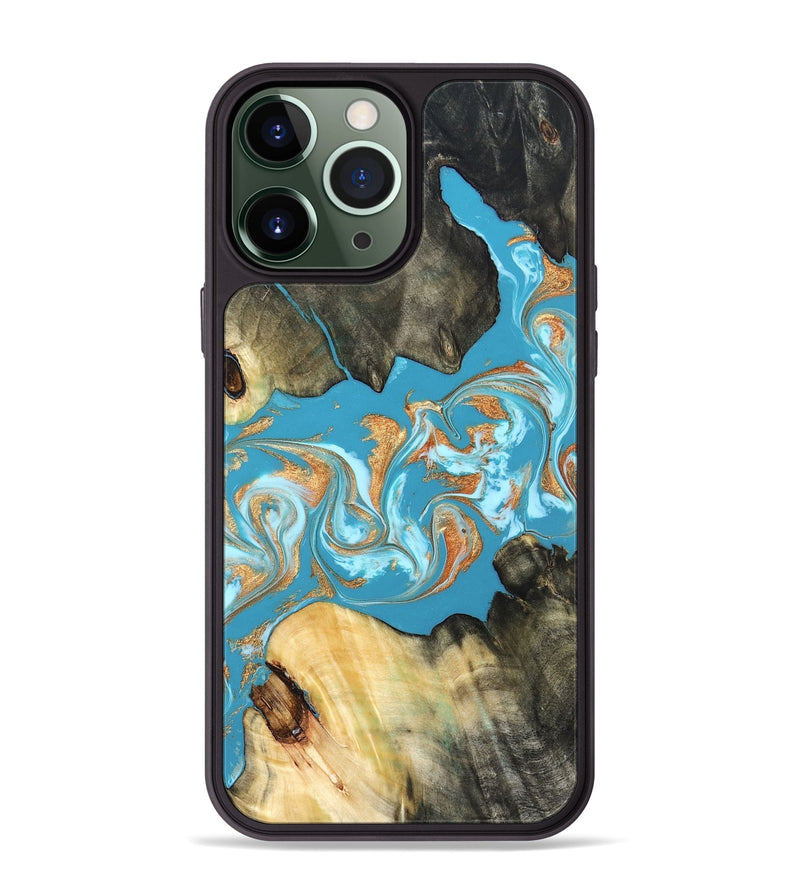 iPhone 13 Pro Max Wood Phone Case - Ethan (Teal & Gold, 822707)