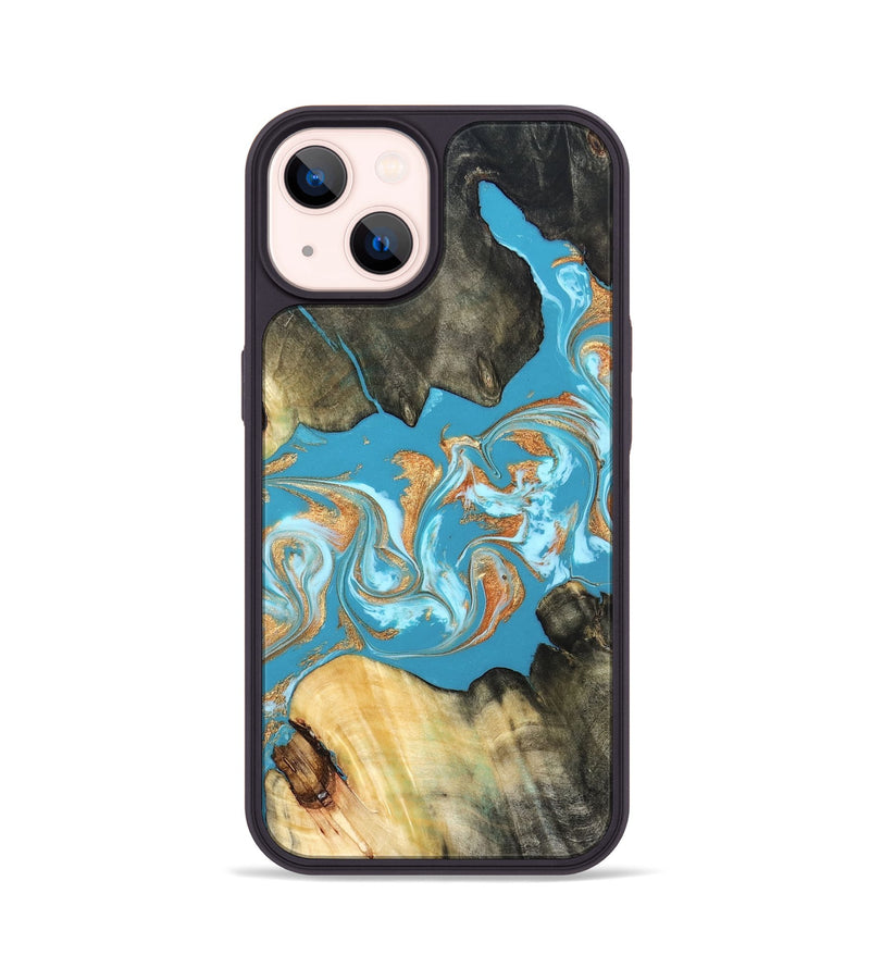 iPhone 14 Wood Phone Case - Ethan (Teal & Gold, 822707)