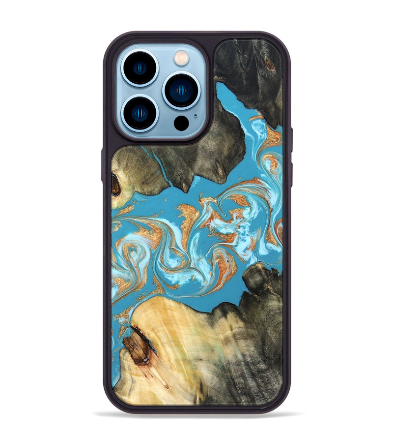 iPhone 14 Pro Max Wood Phone Case - Ethan (Teal & Gold, 822707)