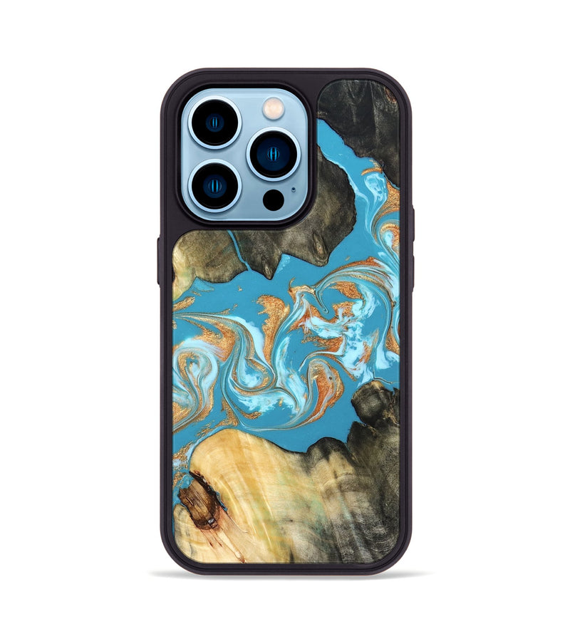 iPhone 14 Pro Wood Phone Case - Ethan (Teal & Gold, 822707)