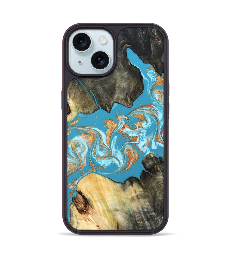 iPhone 15 Wood Phone Case - Ethan (Teal & Gold, 822707)