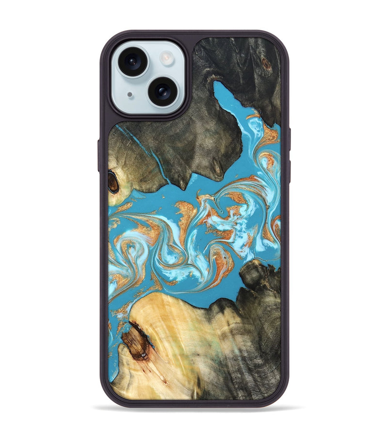 iPhone 15 Plus Wood Phone Case - Ethan (Teal & Gold, 822707)
