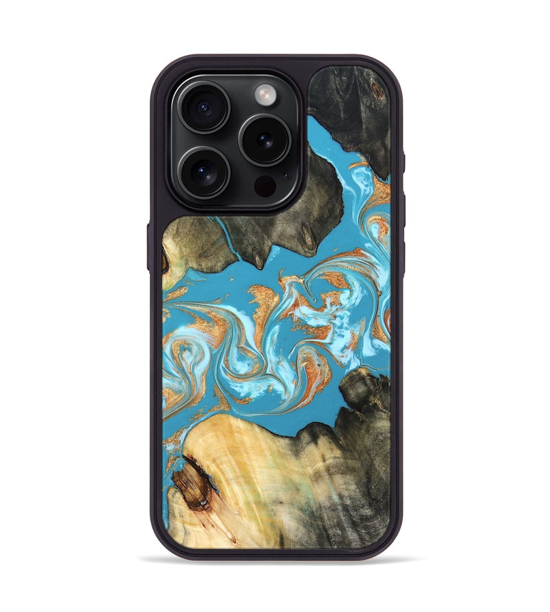 iPhone 15 Pro Wood Phone Case - Ethan (Teal & Gold, 822707)