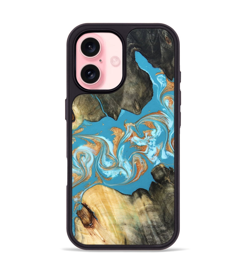 iPhone 16 Wood Phone Case - Ethan (Teal & Gold, 822707)