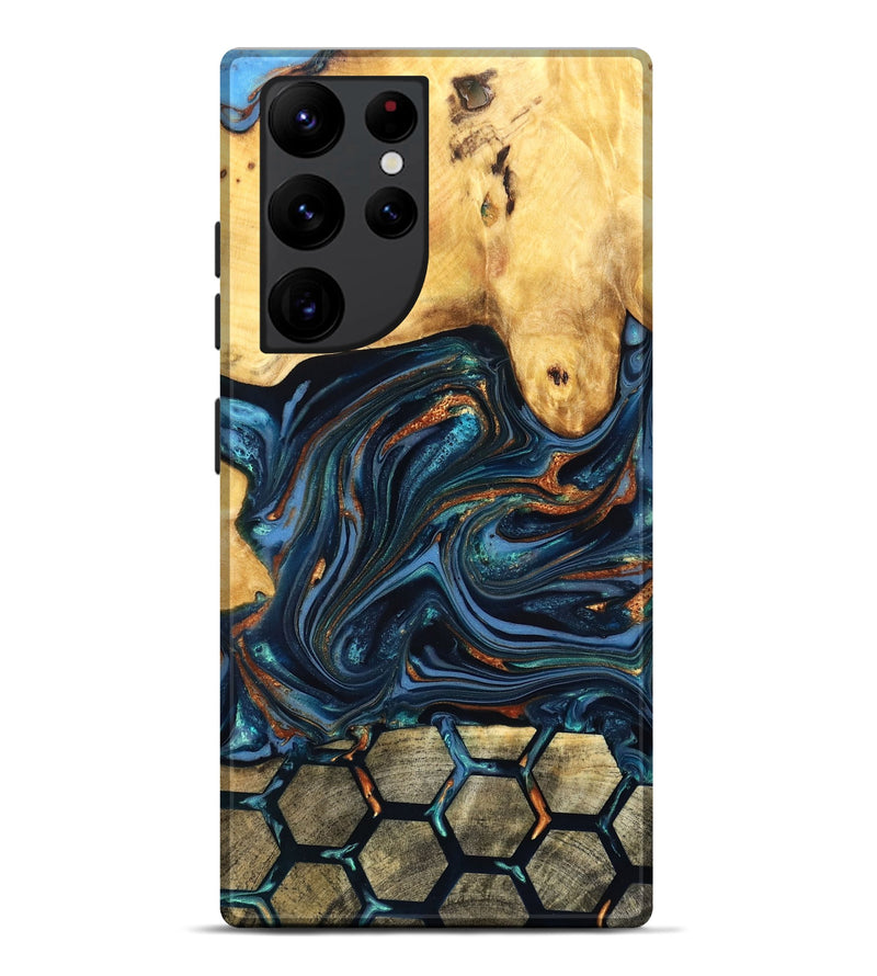 Galaxy S22 Ultra Wood Live Edge Phone Case - Bernice (Teal & Gold, 822749)
