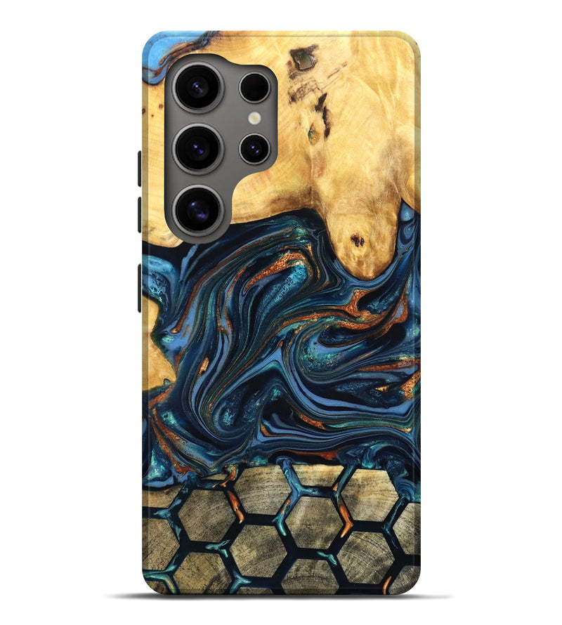 Galaxy S25 Ultra Wood Live Edge Phone Case - Bernice (Teal & Gold, 822749)