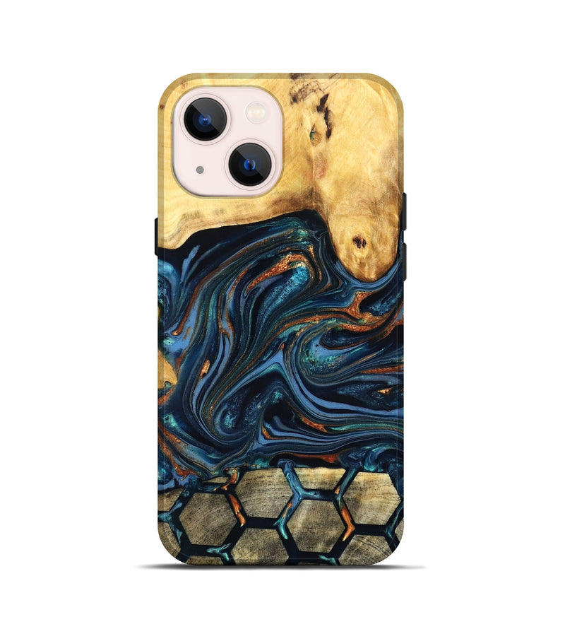 iPhone 13 mini Wood Live Edge Phone Case - Bernice (Teal & Gold, 822749)
