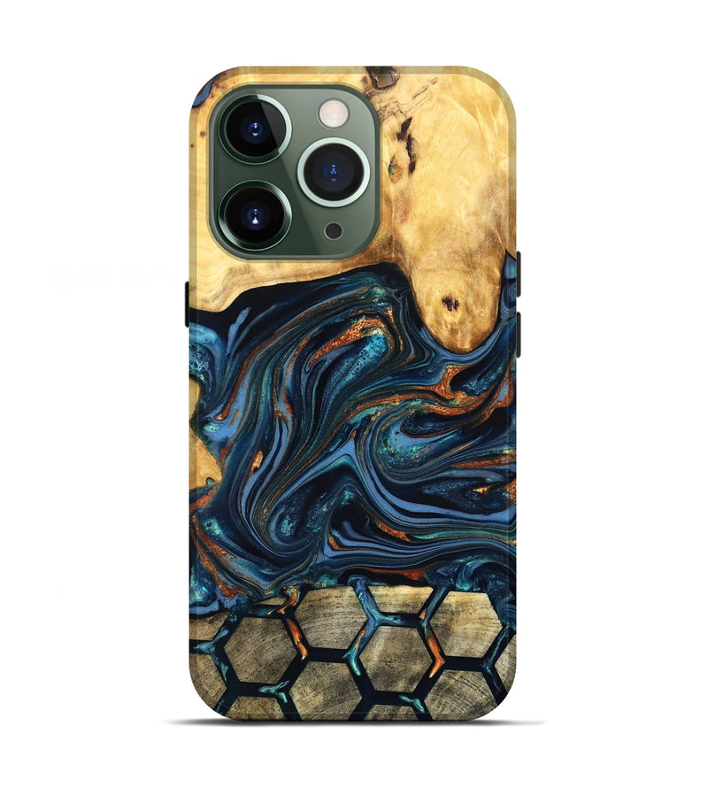 iPhone 13 Pro Wood Live Edge Phone Case - Bernice (Teal & Gold, 822749)
