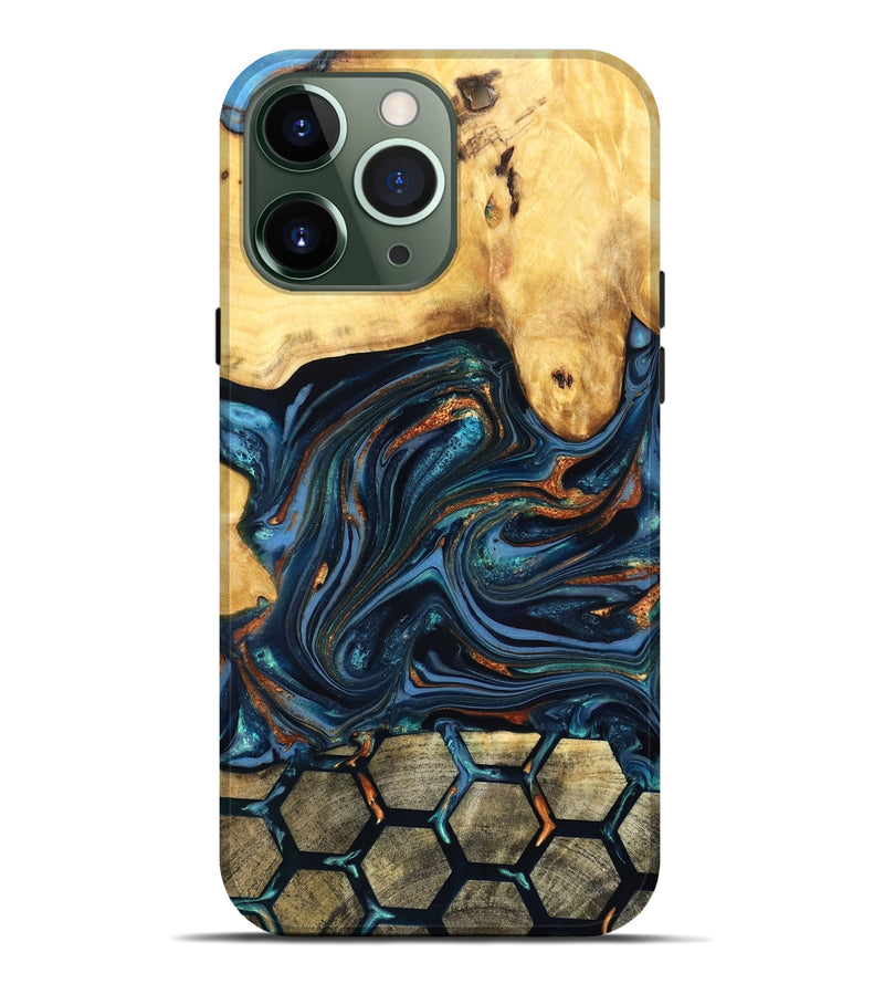 iPhone 13 Pro Max Wood Live Edge Phone Case - Bernice (Teal & Gold, 822749)