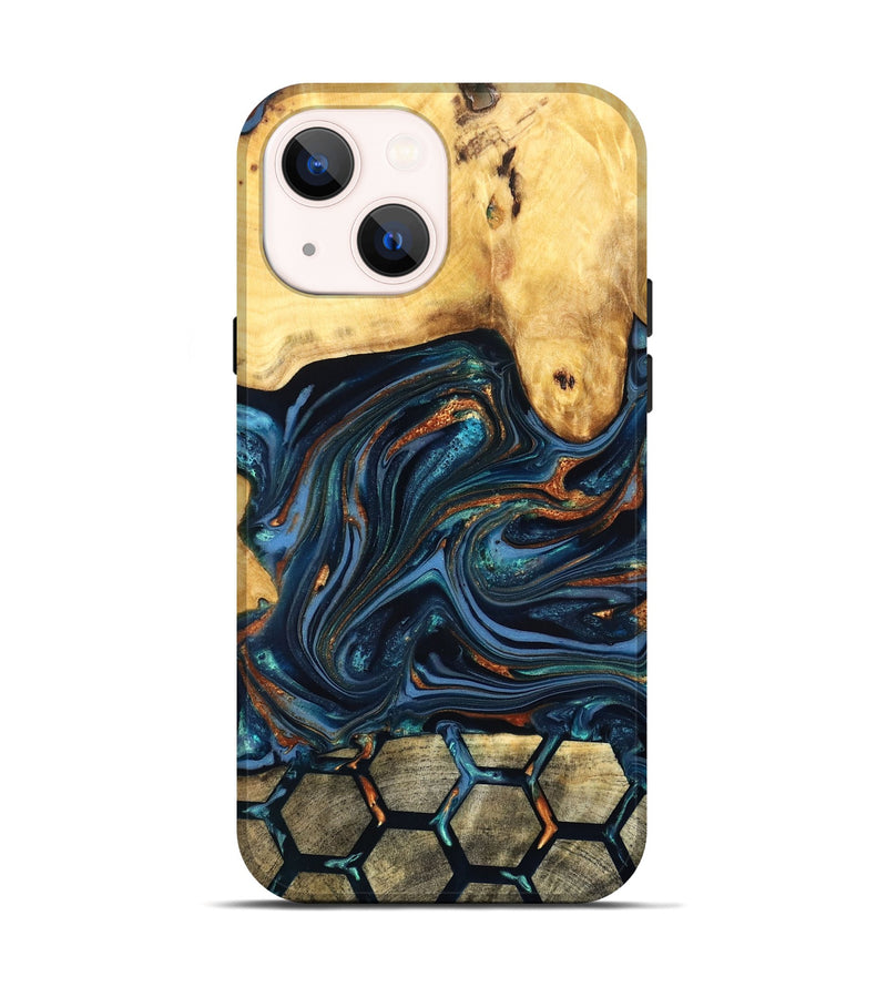 iPhone 14 Wood Live Edge Phone Case - Bernice (Teal & Gold, 822749)
